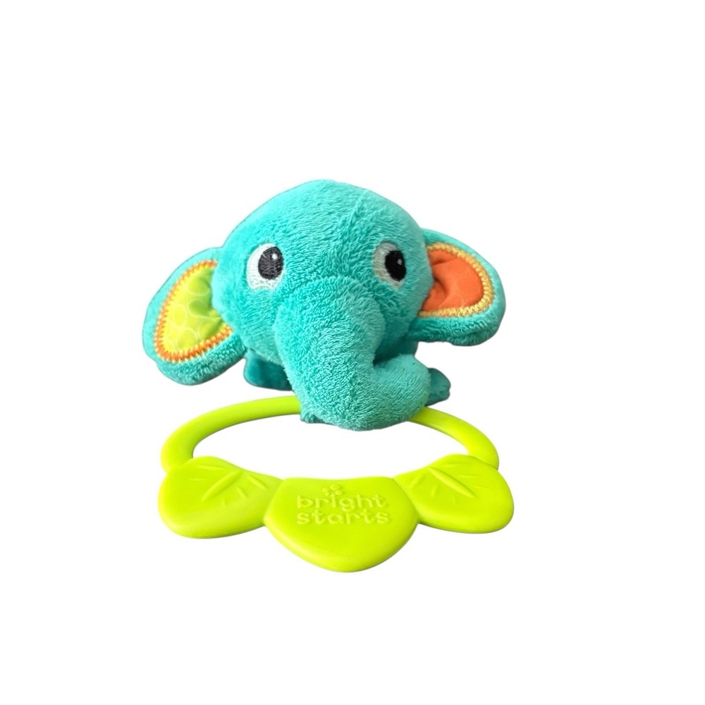 Bright Starts Blue Green Elephant 10 Inch Plush Teether Baby‎ Clip On Toy